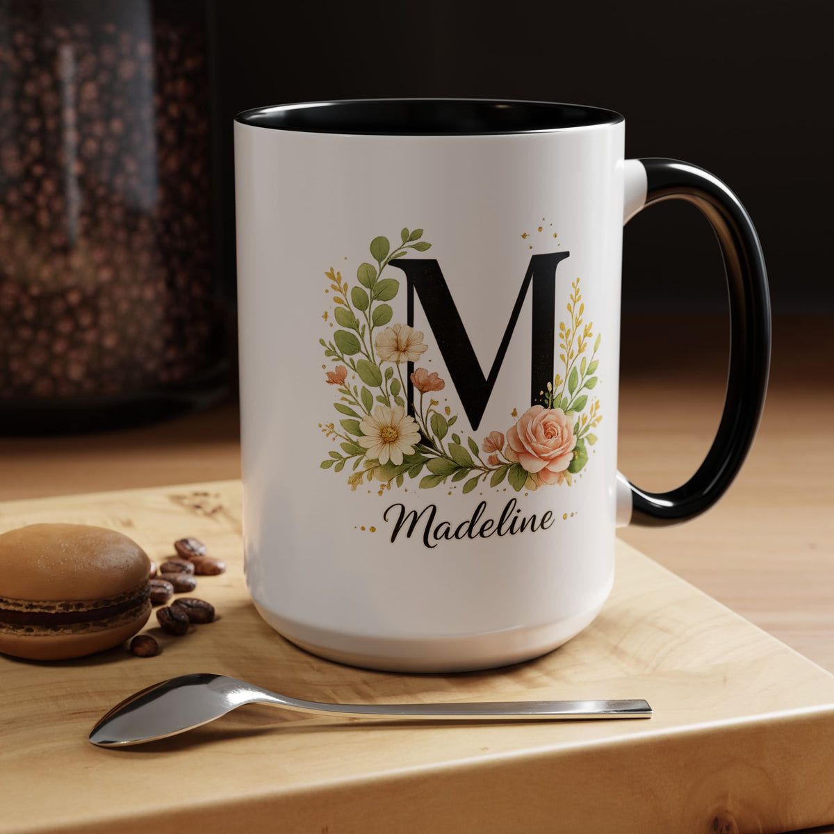 Personalized Floral Monogram Mug, Custom Initial Coffee Mug with Name, Elegant Botanical Gift for Women, Bridesmaid Birthday Gift