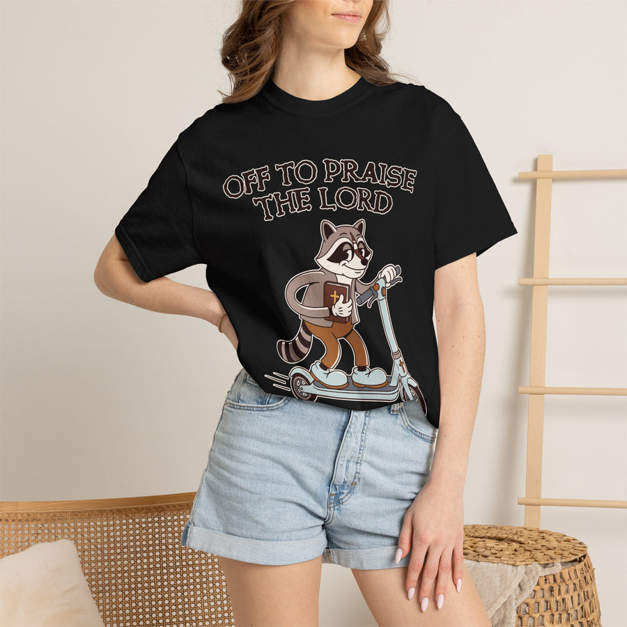 Funny Christian Comfort Colors Shirt, Off to Praise the Lord Raccoon Tee, Cute Faith Based Graphic Tee, Trendy Christian Shirt for Women