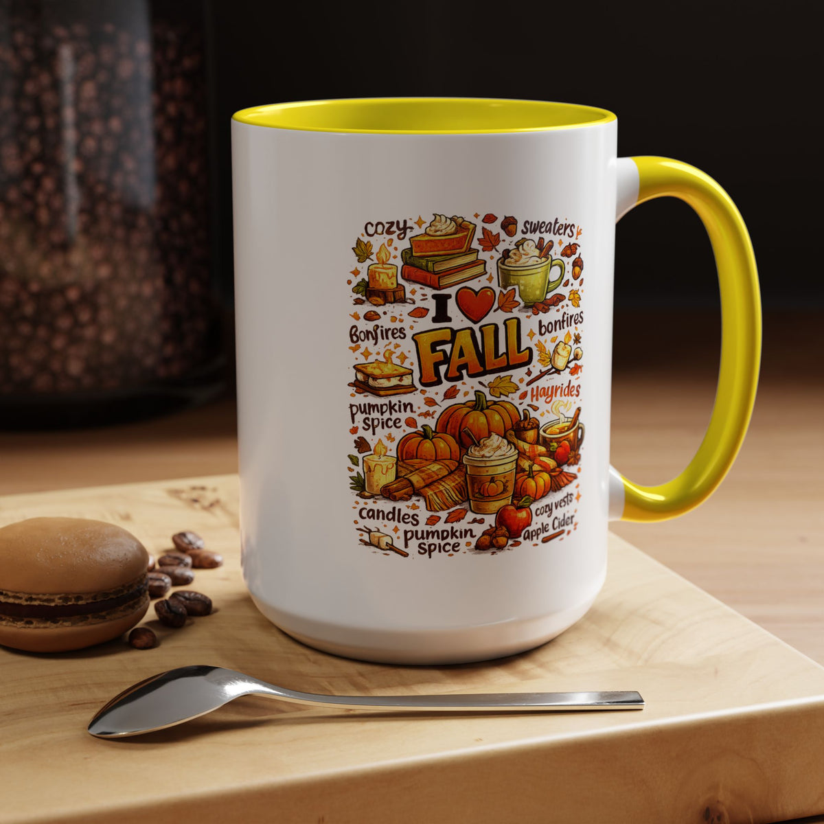 I Love Fall Coffee Mug, Cozy Autumn Pumpkin Spice Cup, Gift for Fall Lover, Book Reader, Teacher or Mom, Thanksgiving Kitchen Decor