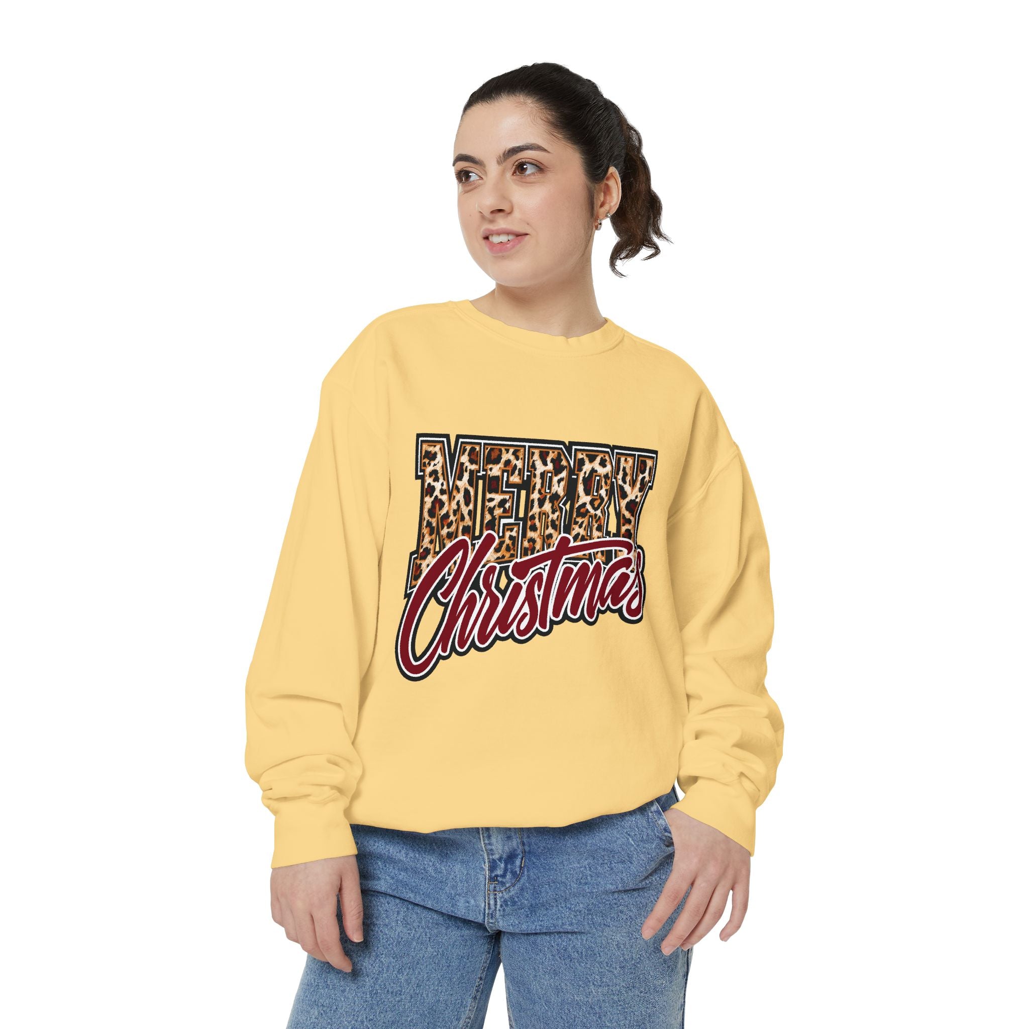 Merry Christmas Leopard Print Sweatshirt, Trendy Holiday Crewneck, Cheetah Lettering Pullover, Festive Gift for Women, Mom or Teacher