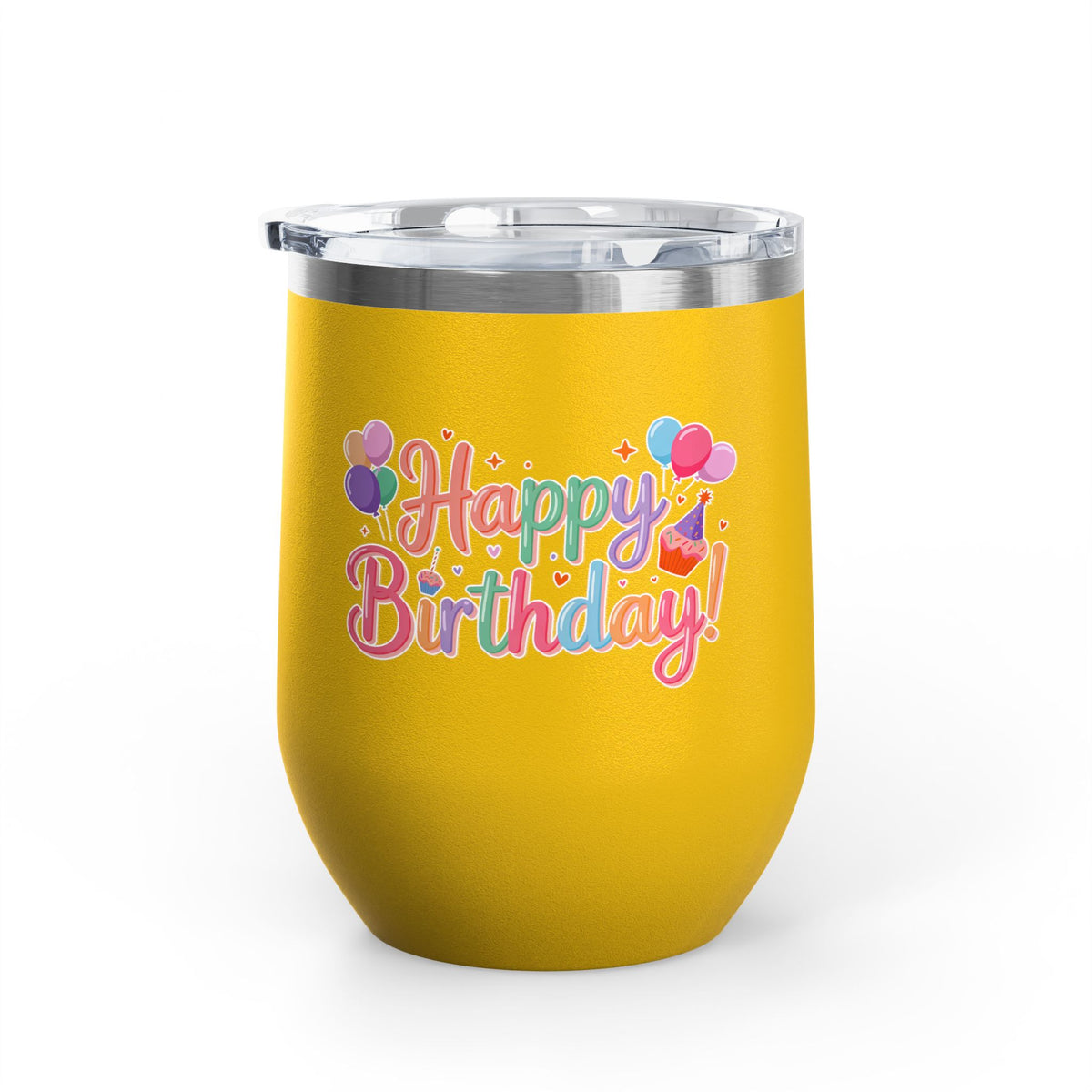 Happy Birthday Wine Tumbler, Pastel Balloons and Cupcake Design, Colorful Drinkware Gift for a Best Friend, Sister or Coworker Celebration