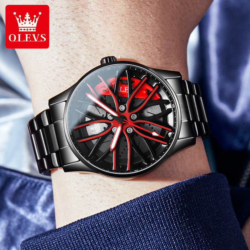 Black quartz watch with a red and black car wheel hub style dial and stainless steel bracelet
