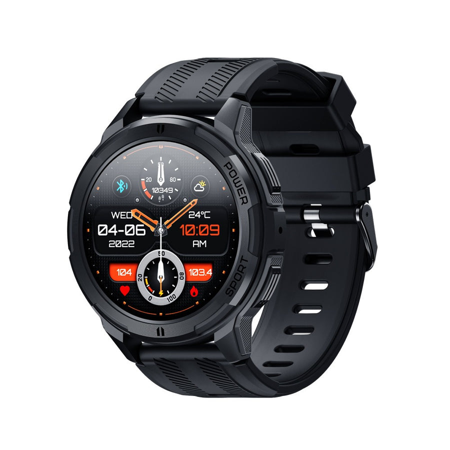 C25 rugged sport smartwatch with black and orange case, angled view showing heart rate and weather