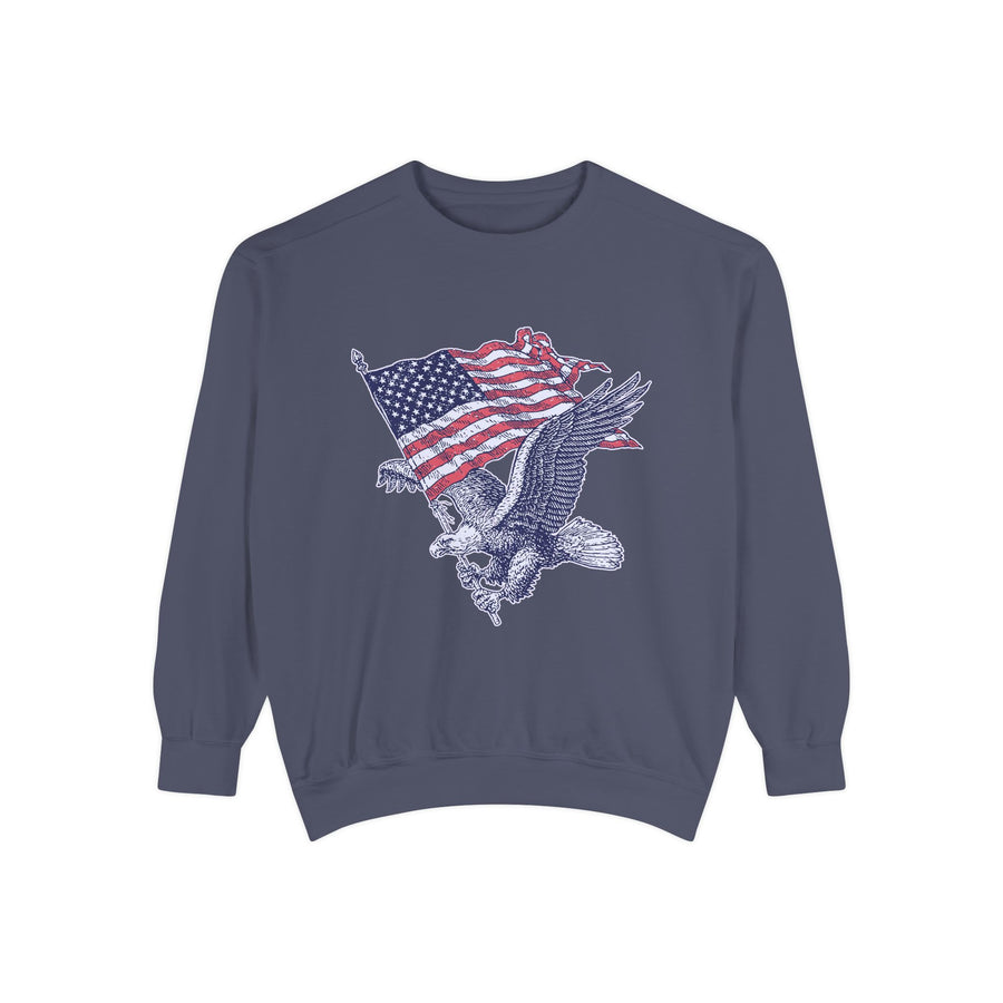 A light blue crewneck sweatshirt printed with a bald eagle in flight carrying a waving American flag.