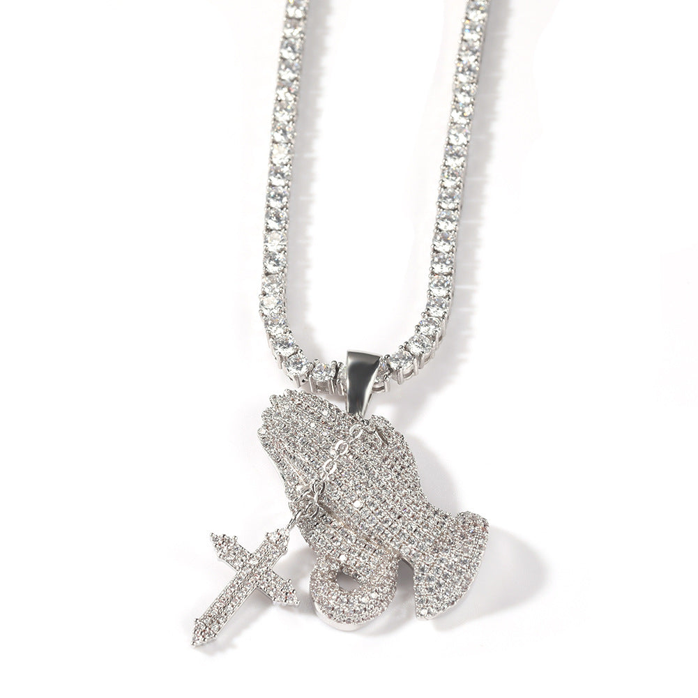 Full diamond hand cross pendant necklace European and American retro hip-hop rap popular accessory