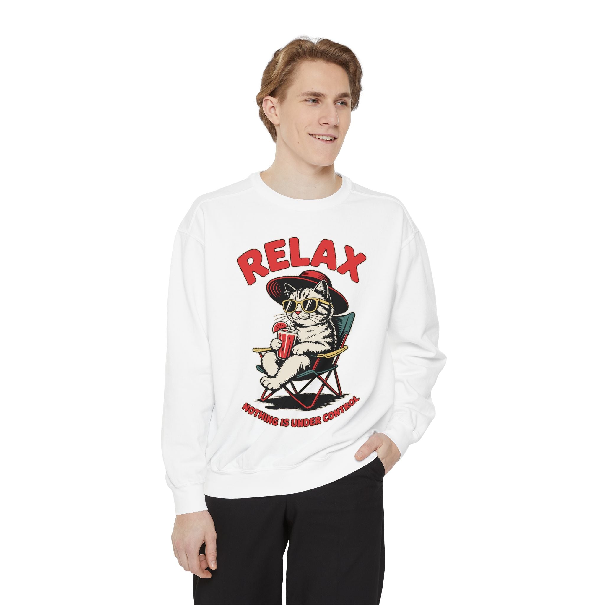 Funny Cat Lover Comfort Sweatshirt, Relax Nothing Is Under Control Crewneck, Sarcastic Cat Mom Comfort Sweatshirt Gift