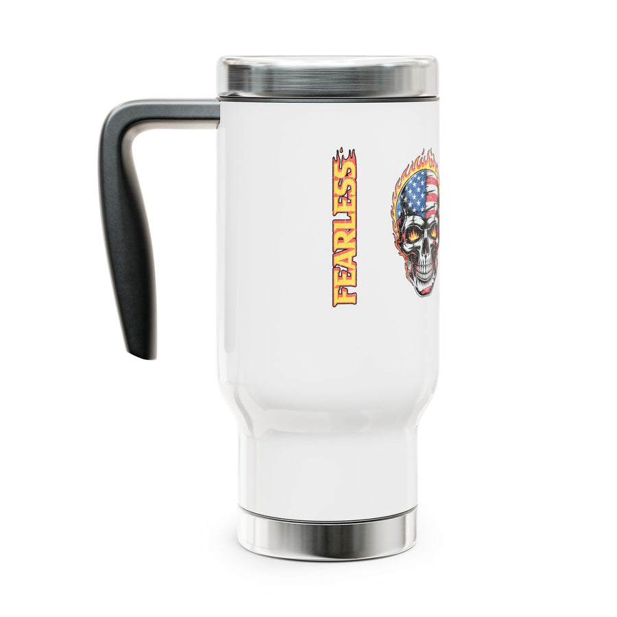 White stainless steel travel mug printed with a skull engulfed in flames, its crown painted in American flag colors, beside the word FEARLESS in flame lettering.