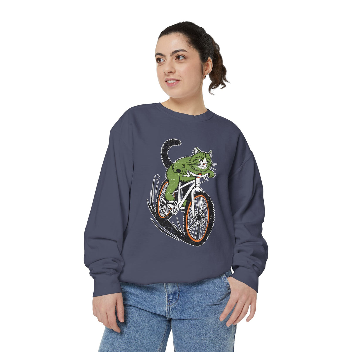 Mountain Bike Cat Sweatshirt, Funny Cycling Kitty Crewneck, Cat Lover Gift, Outdoor Adventure Graphic Cozy Biker Pullover Shirt Top