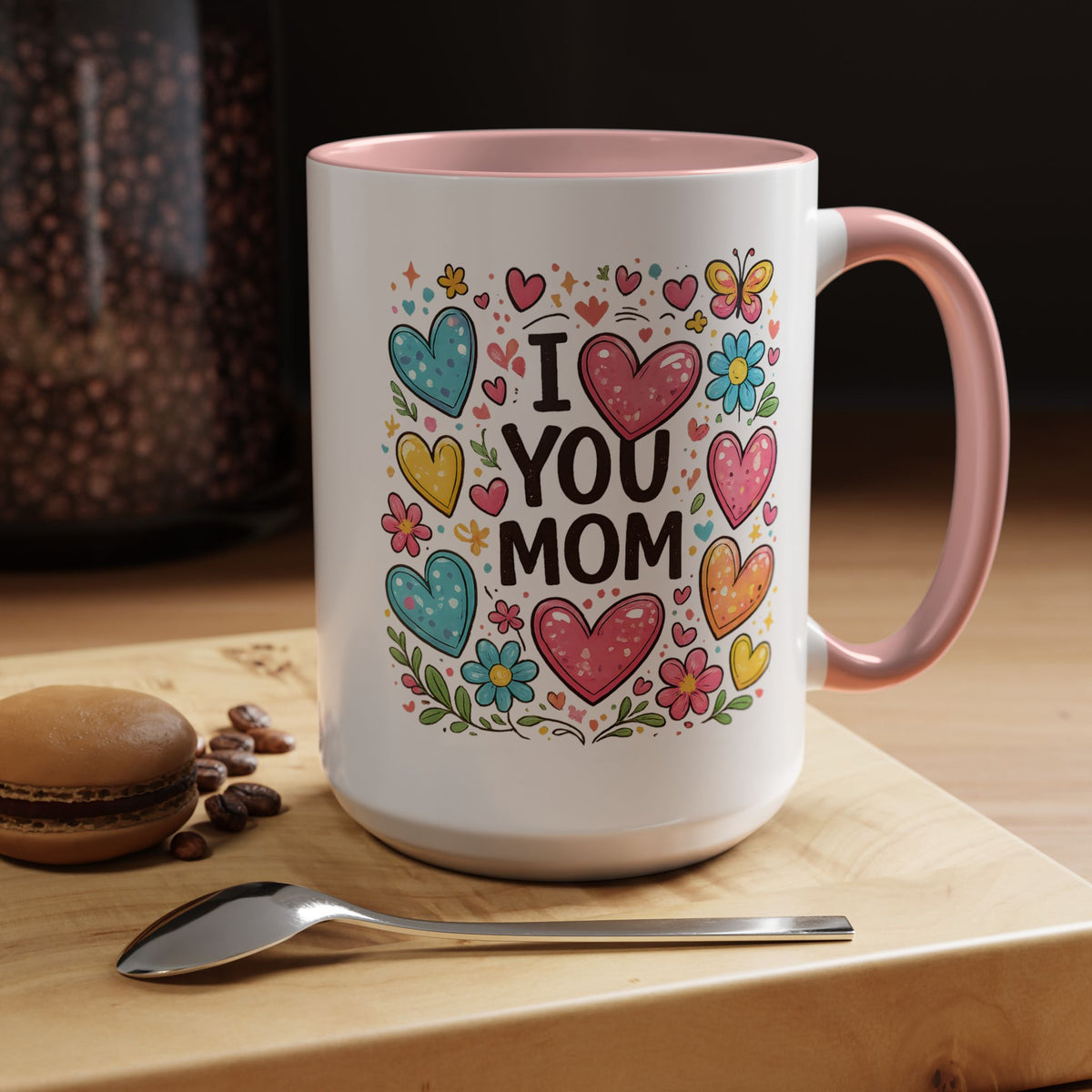 I Love You Mom Coffee Mug, Cute Birthday Gift for Mother, Colorful Hearts and Flowers Ceramic Tea Cup with Blue Handle, Mother's Day Mug