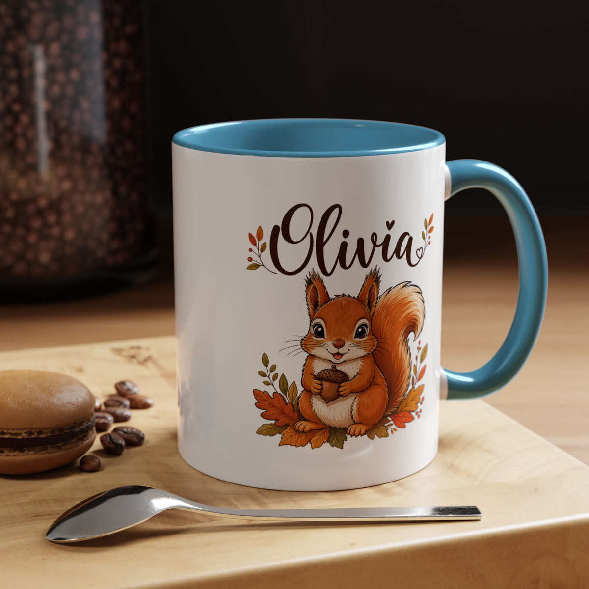 Personalized Squirrel Mug with Name, Autumn Woodland Coffee Cup, Cute Fall Animal Gift for Daughter, Nature Lover Birthday Keepsake
