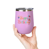 Happy Birthday Wine Tumbler, Pastel Balloons and Cupcake Design, Colorful Drinkware Gift for a Best Friend, Sister or Coworker Celebration