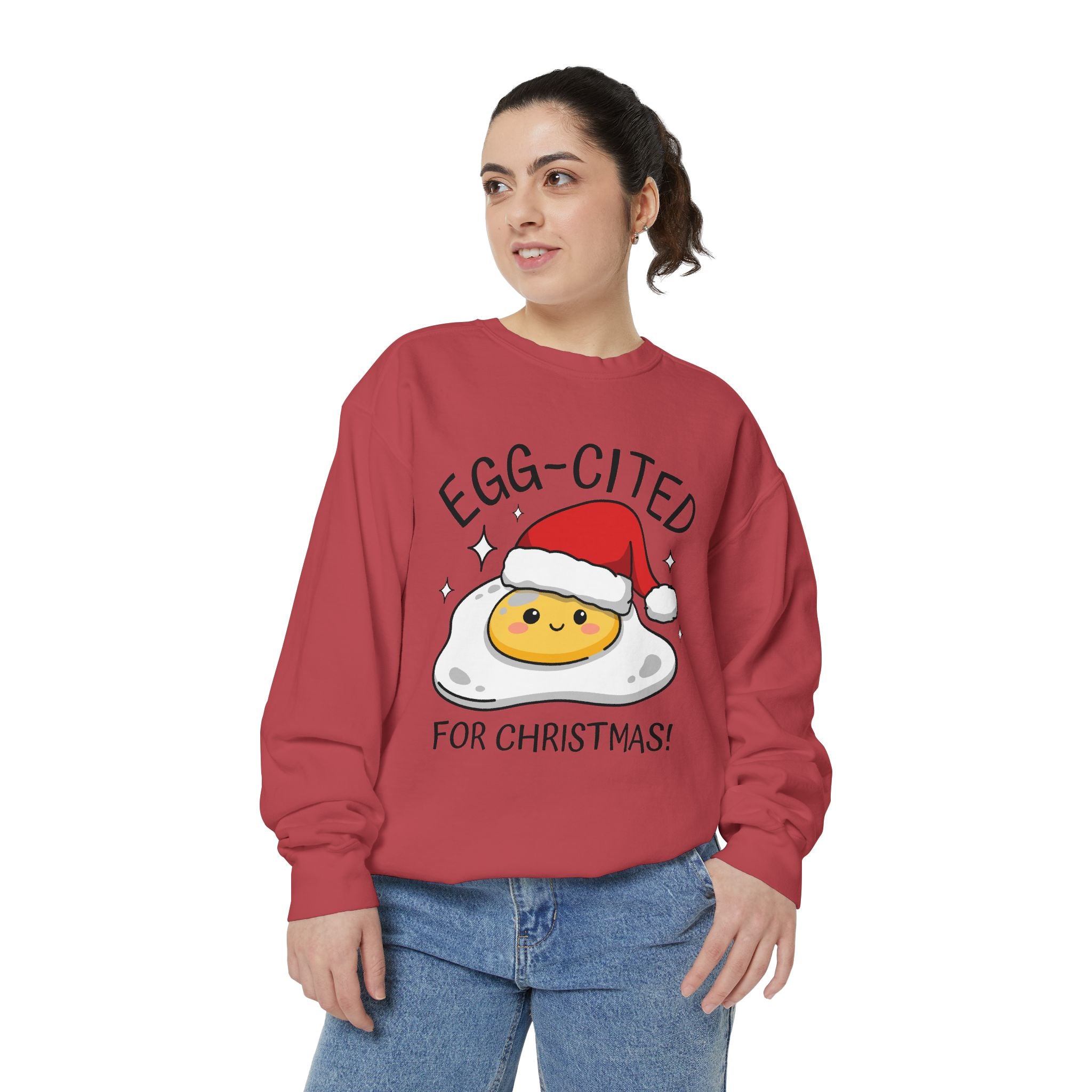 Egg-Cited for Christmas Sweatshirt, Funny Fried Egg Crewneck, Cute Food Pun Holiday Pullover, Christmas Breakfast Gift for Brunch Lover