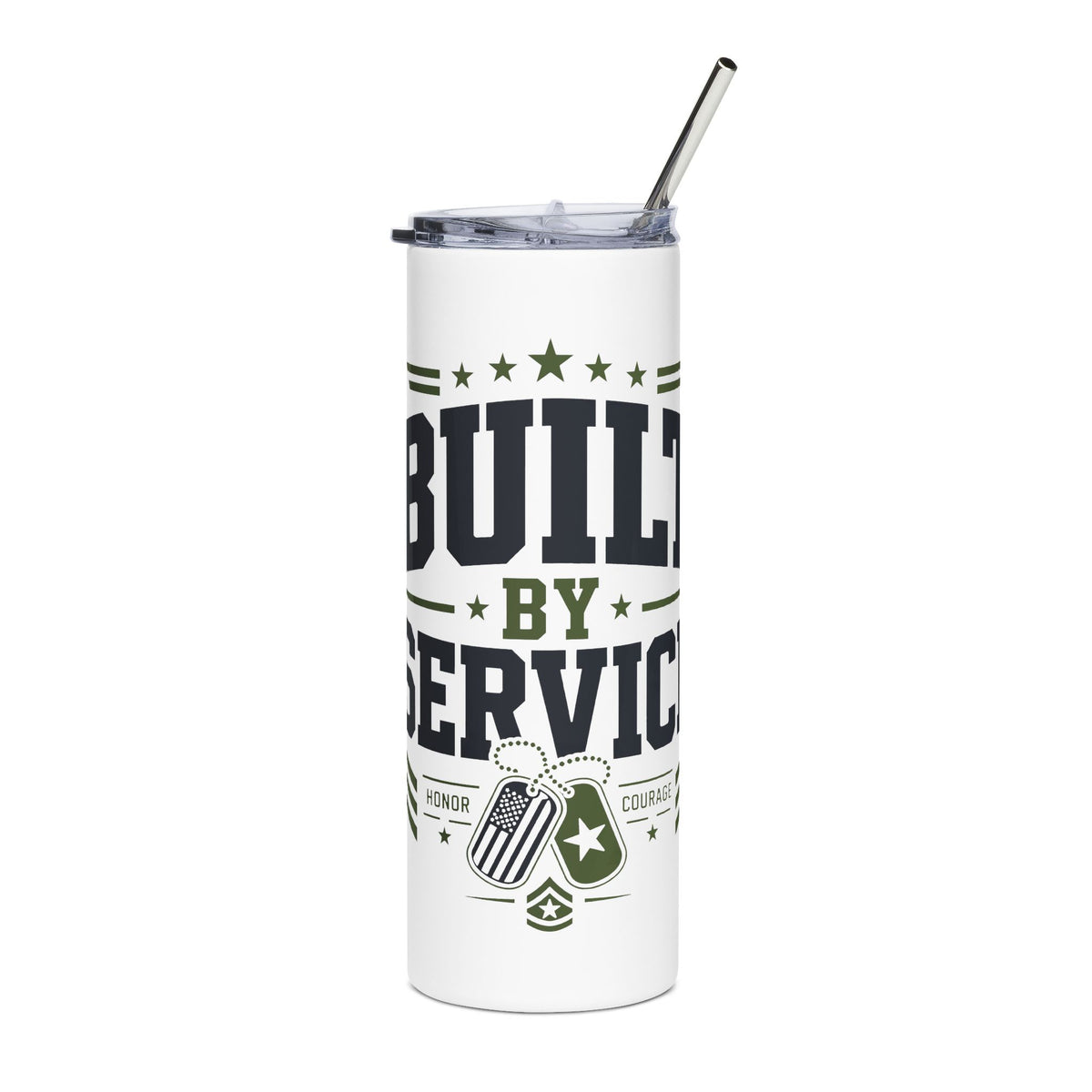 Military Service Skinny Tumbler, Built by Service Travel Cup, Dog Tag Design, Patriotic Gift for Service Member, Military Appreciation