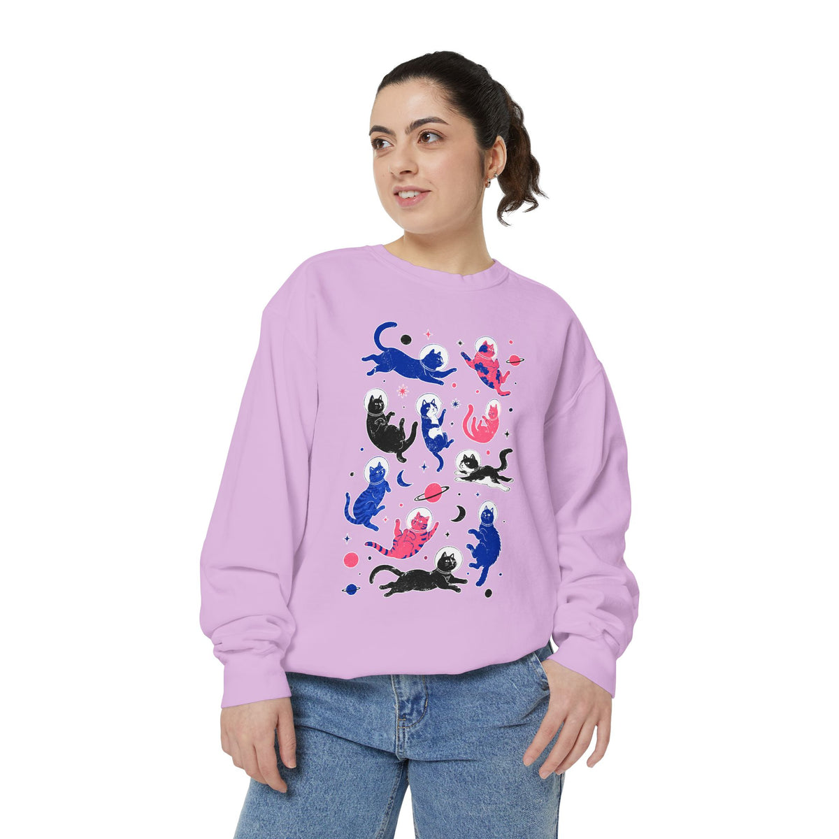 Space Cat Comfort Colors Sweatshirt, Astronaut Cat Graphic Crewneck, Galaxy Cat Lover Gift, Cute Cosmic Cat Sweatshirt