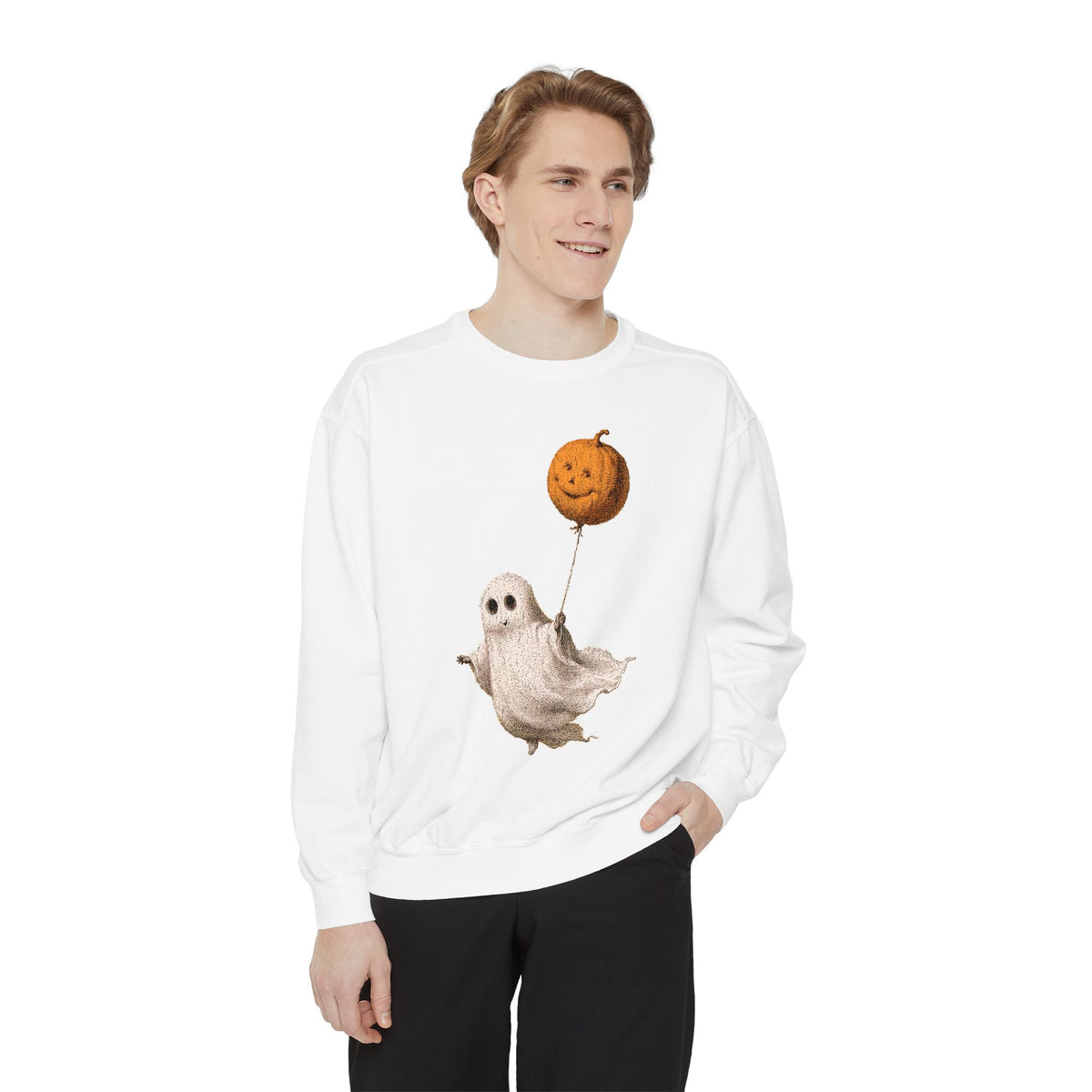Cute Ghost Halloween Sweatshirt, Pumpkin Balloon Pullover, Vintage Spooky Season Gift for Women, Cozy October Fall Outfit for Ghost Loversv