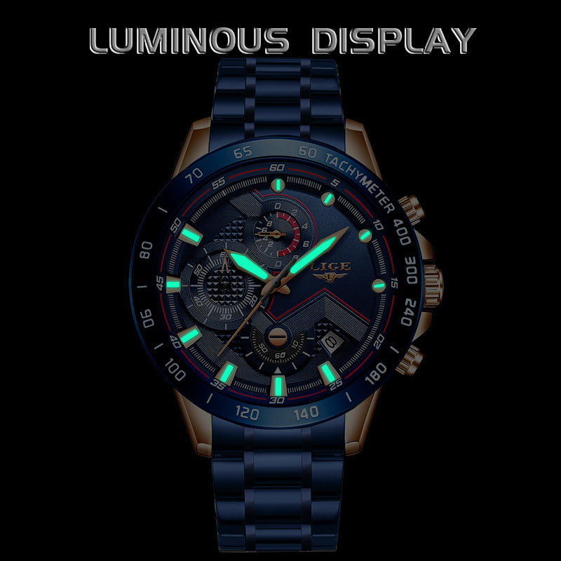 Lige men's chronograph watch, blue dial with rose gold accents, black leather strap