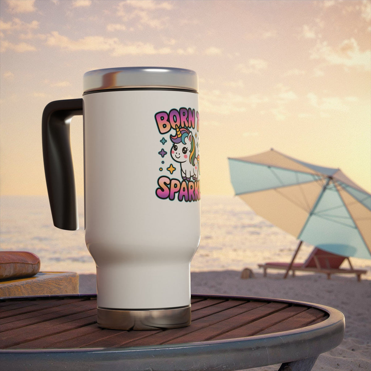 Unicorn Stainless Steel Travel Mug, Born to Sparkle Cup, Cute Fantasy Drinkware, Magical Gift for Her, Unicorn Lover Birthday Gift