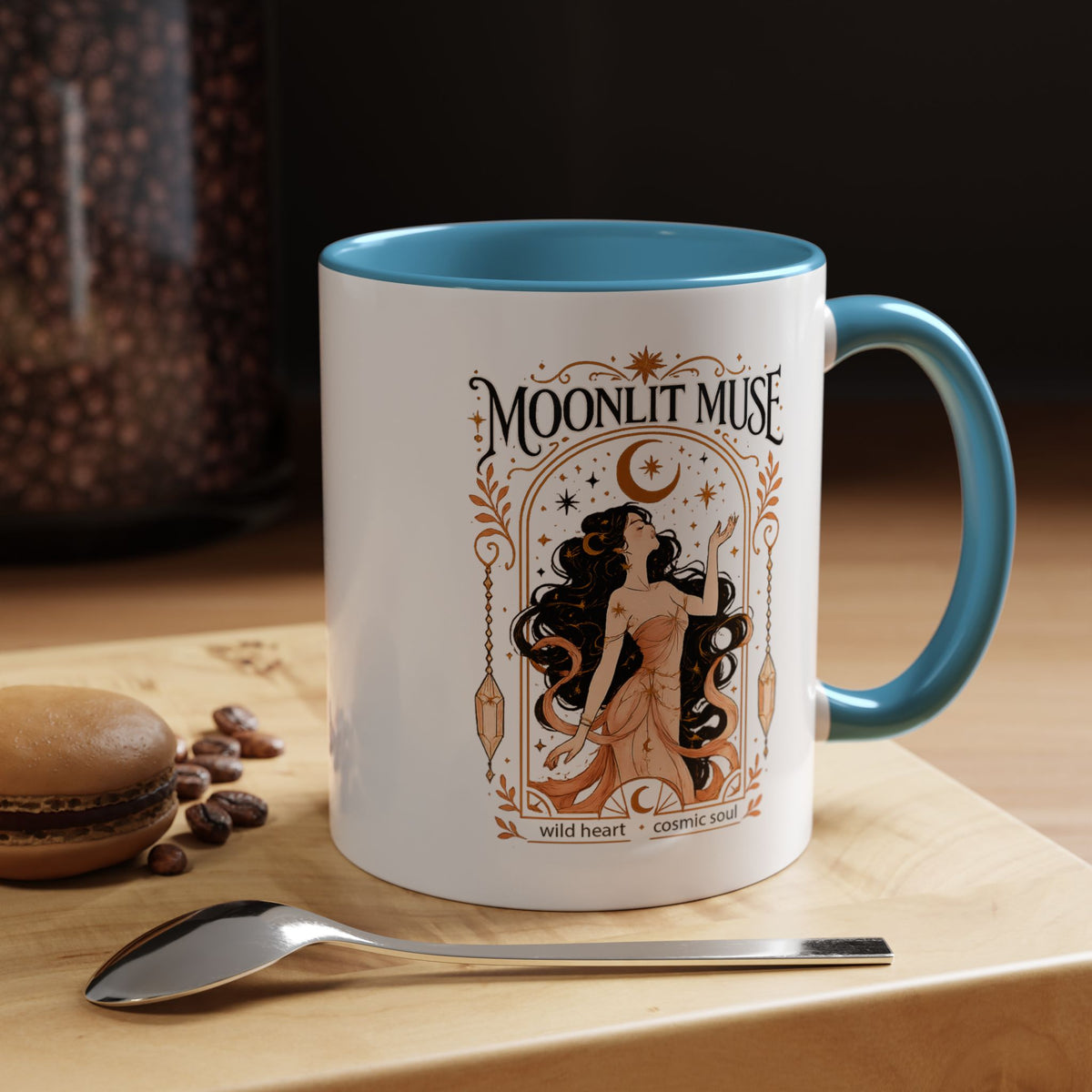 Moonlit Muse Coffee Mug, Celestial Goddess Art Mug, Mystic Moon Aesthetic Cup, Boho Spiritual Gift for Women, Cosmic Soul Coffee Mug