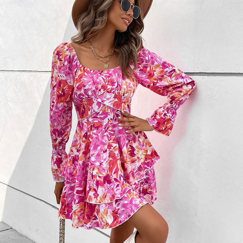 New Fashion European and American Womens Square Neck Printed Ruffle Sleeve Slim Fit Dress