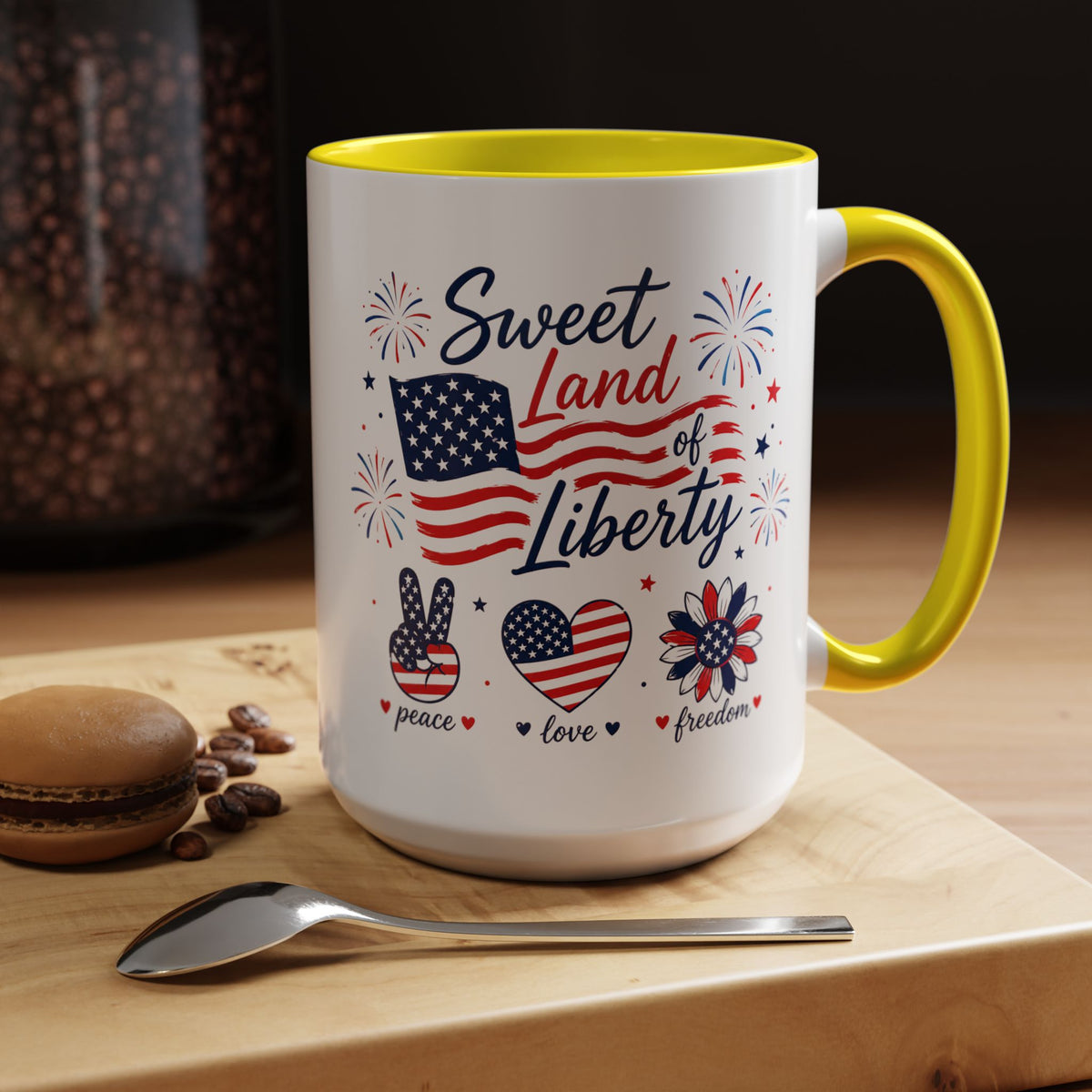 Sweet Land of Liberty Coffee Mug, Patriotic Fourth of July Mug, American Flag Heart Freedom Cup, USA Pride Gift for Women