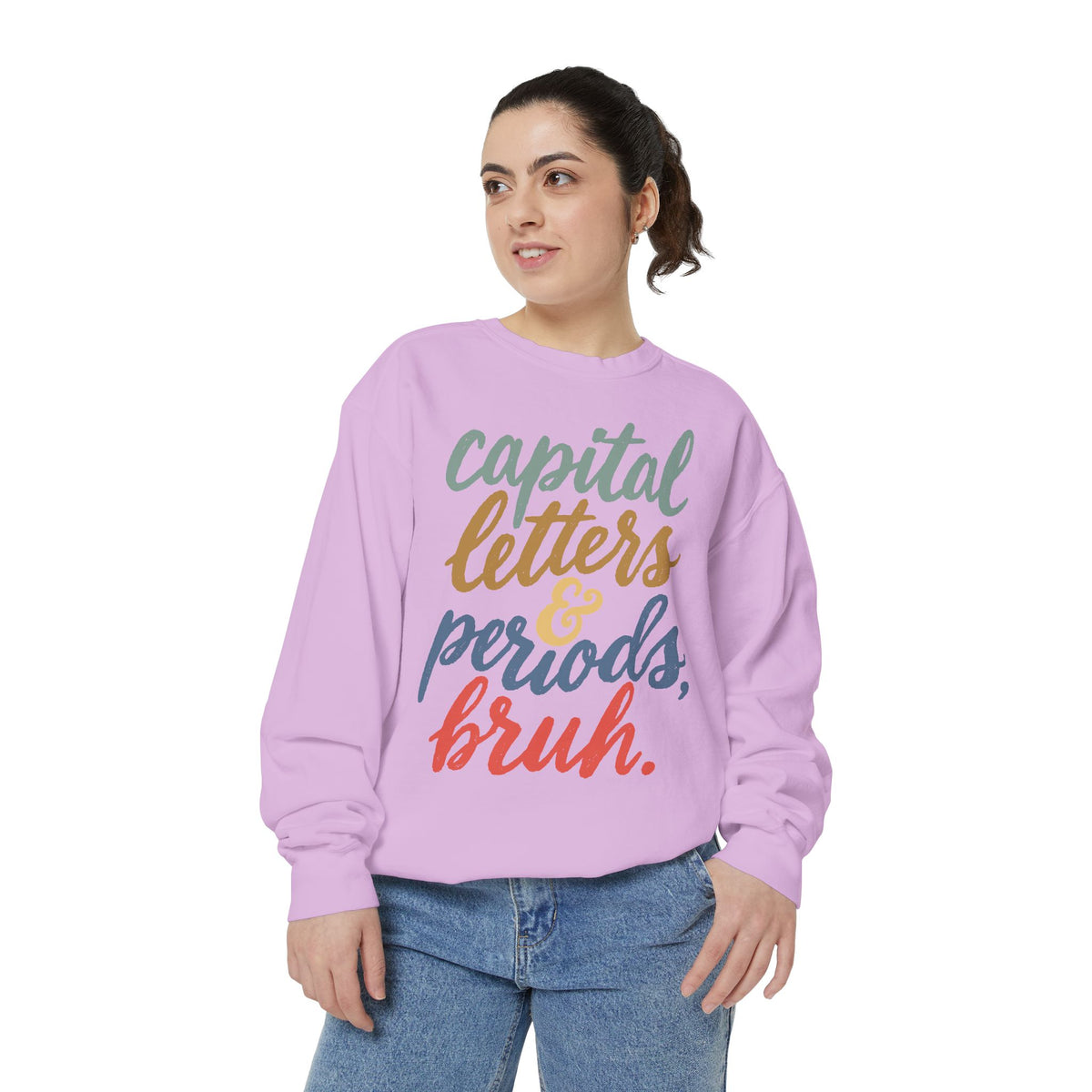Capital Letters and Periods Bruh Sweatshirt, Funny Grammar Teacher Crewneck, English ELA Educator Gift, Back to School Pullover for Women
