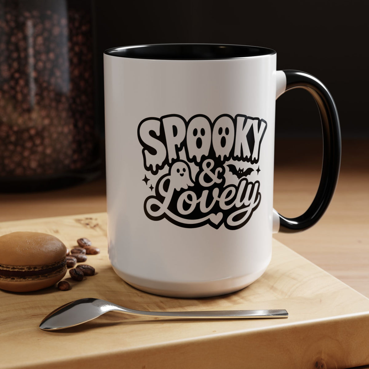 Spooky and Lovely Mug, Cute Ghost Halloween Coffee Cup, Black and White Spooky Season Gift for Her, Gothic Fall Drinkware
