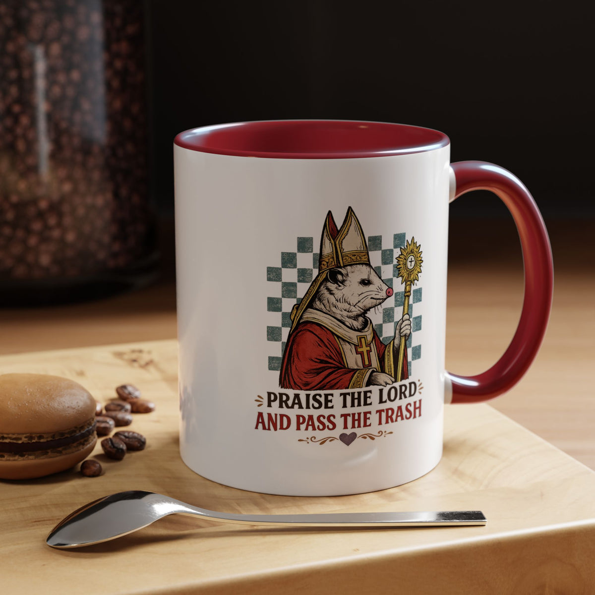 Praise the Lord and Pass the Trash Coffee Mug, Funny Opossum Pope Gift for Friends, Sarcastic Christian Possum Ceramic Tea Cup with Black Handle
