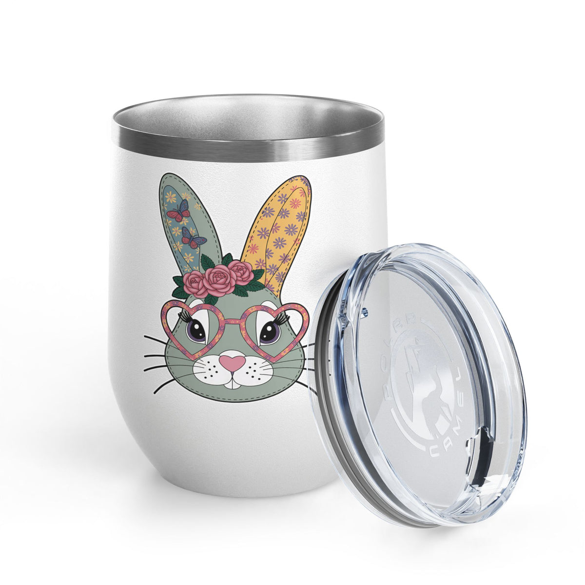 Floral Bunny Wine Tumbler, Cute Rabbit with Heart Glasses, Easter Gift for Her, Whimsical Spring Drinkware, Bunny Lover Gift