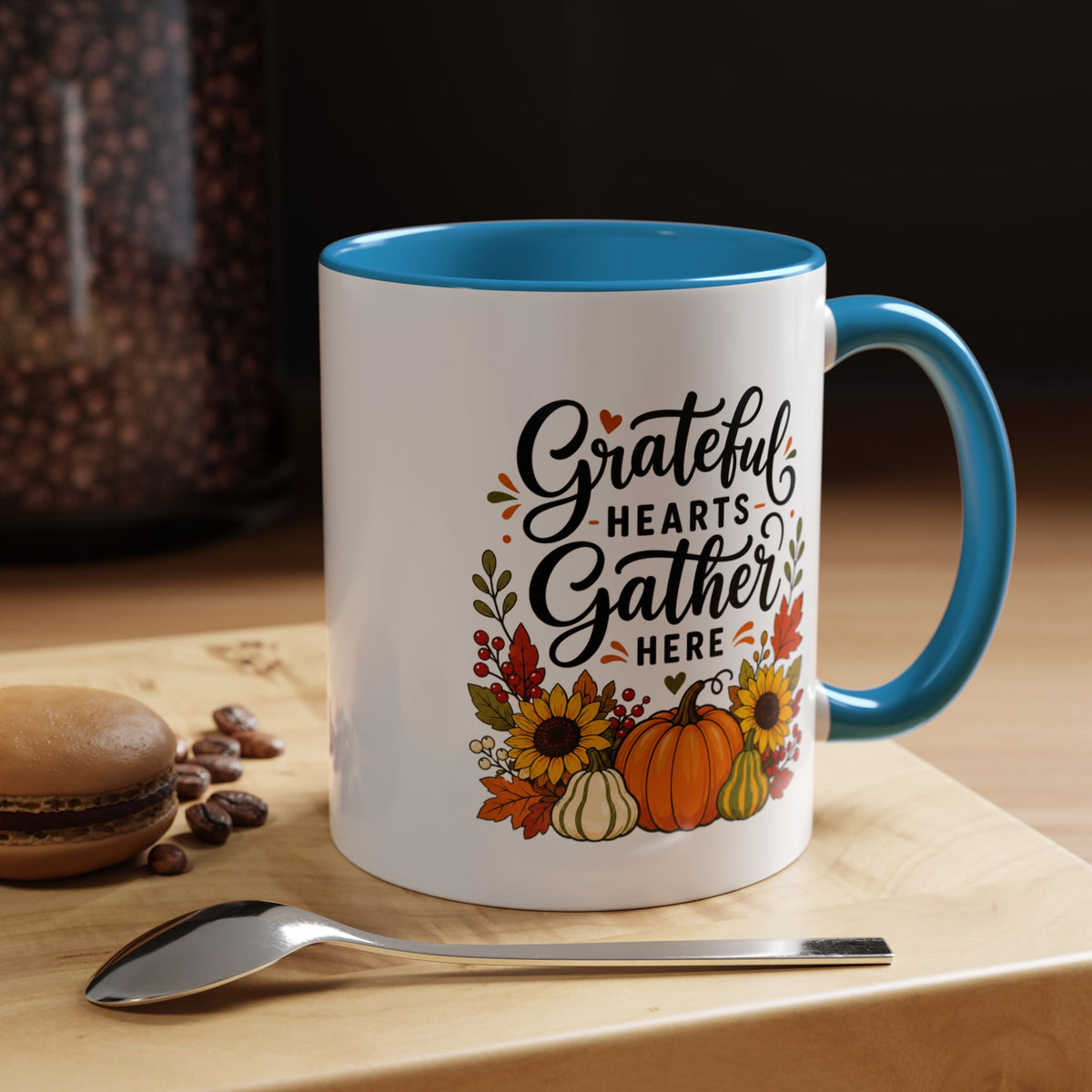 Grateful Hearts Gather Here Mug, Thanksgiving Pumpkin Coffee Cup, Rustic Fall Hostess Gift, Sunflower Harvest Kitchen Decor