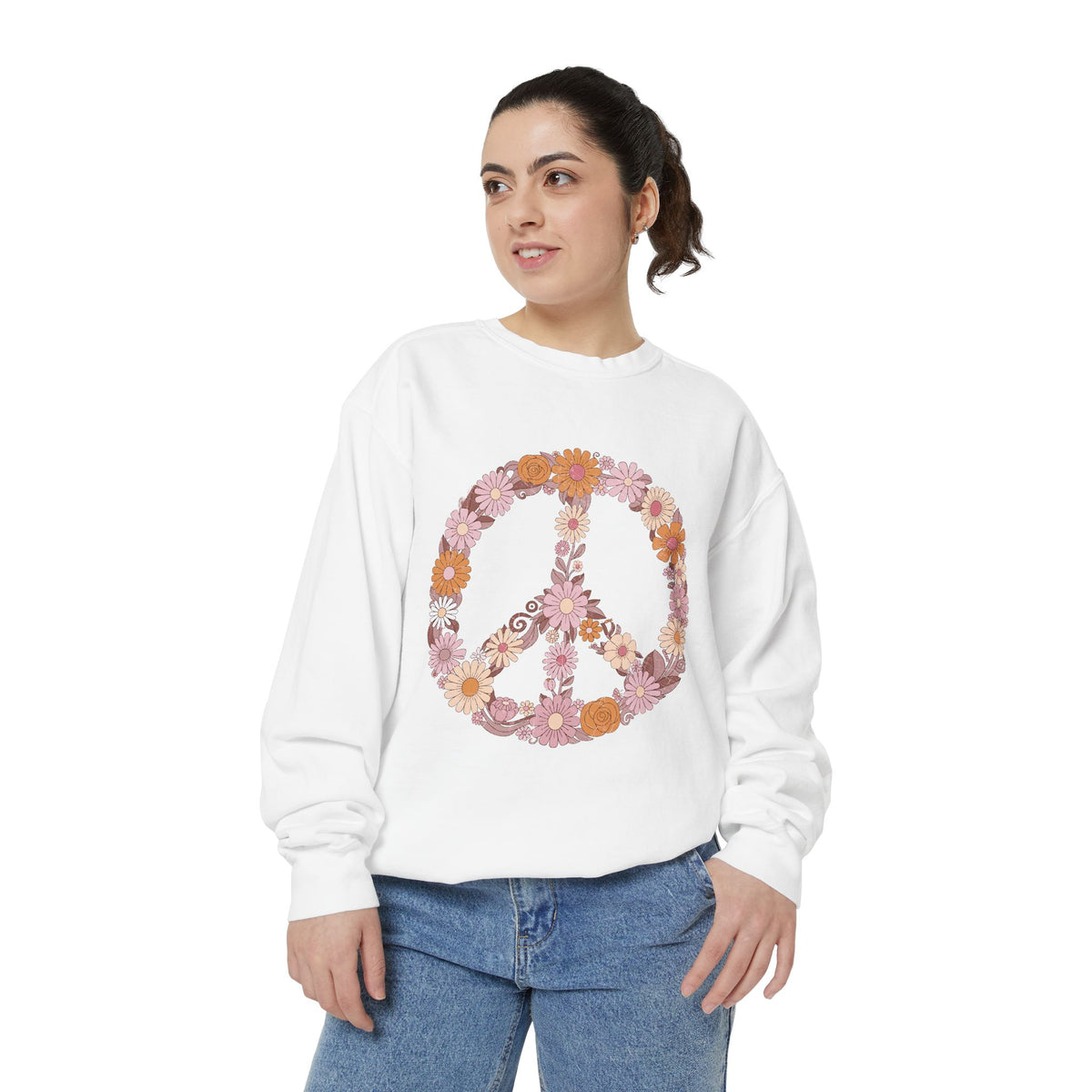 Floral Peace Sign Sweatshirt, Retro Daisy Crewneck for Women, Hippie Flower Gift, Cozy Boho Pullover for Festivals and Everyday Wear