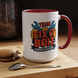 Mechanic Coffee Mug, Team Fix It Boiz Wrench and Gear Design, Handyman Gift for Dad or a Repair Crew Coworker, Workshop Coffee Break Cup