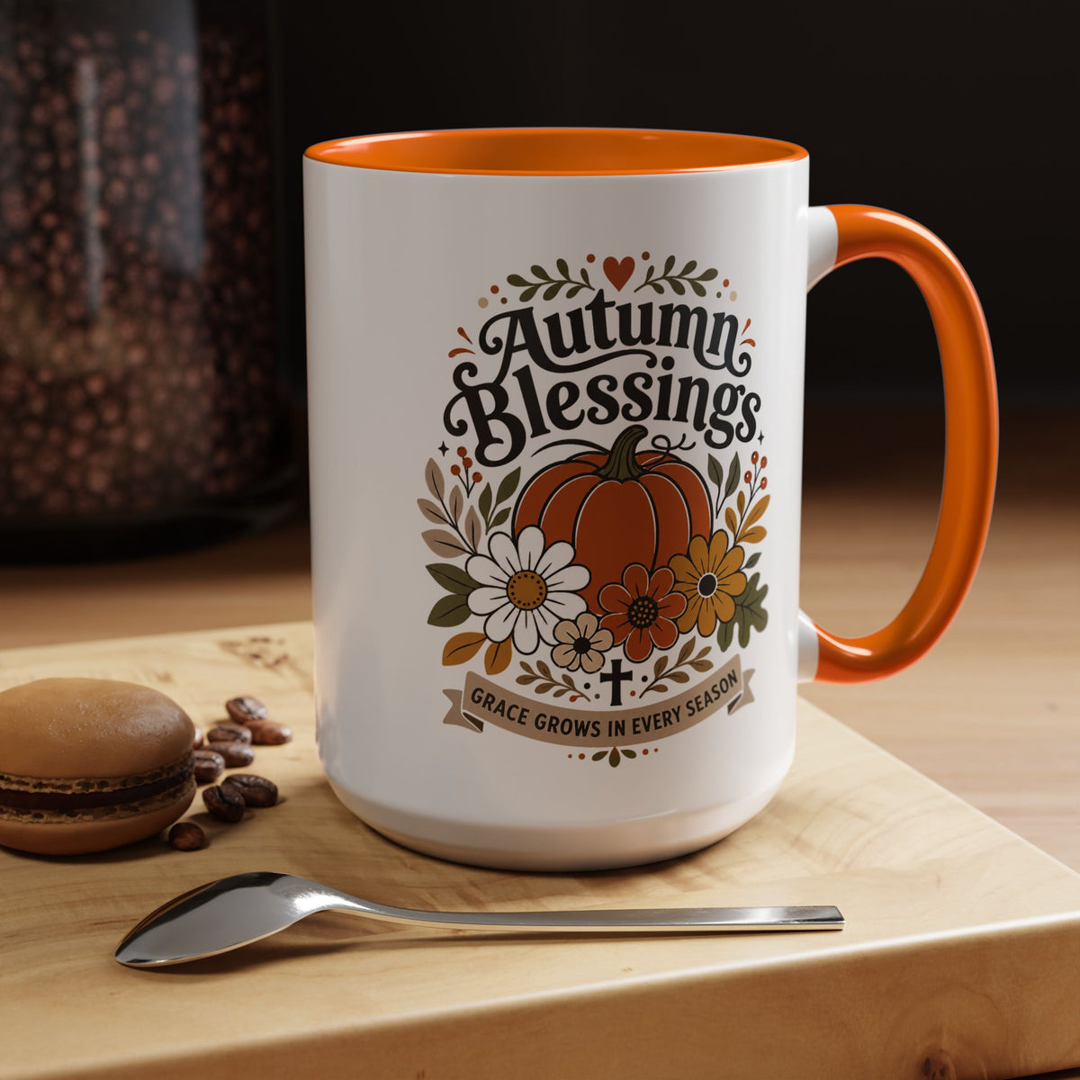 Autumn Blessings Christian Mug, Grace Grows in Every Season Coffee Cup, Faith Based Fall Gift, Floral Pumpkin Thanksgiving Decor