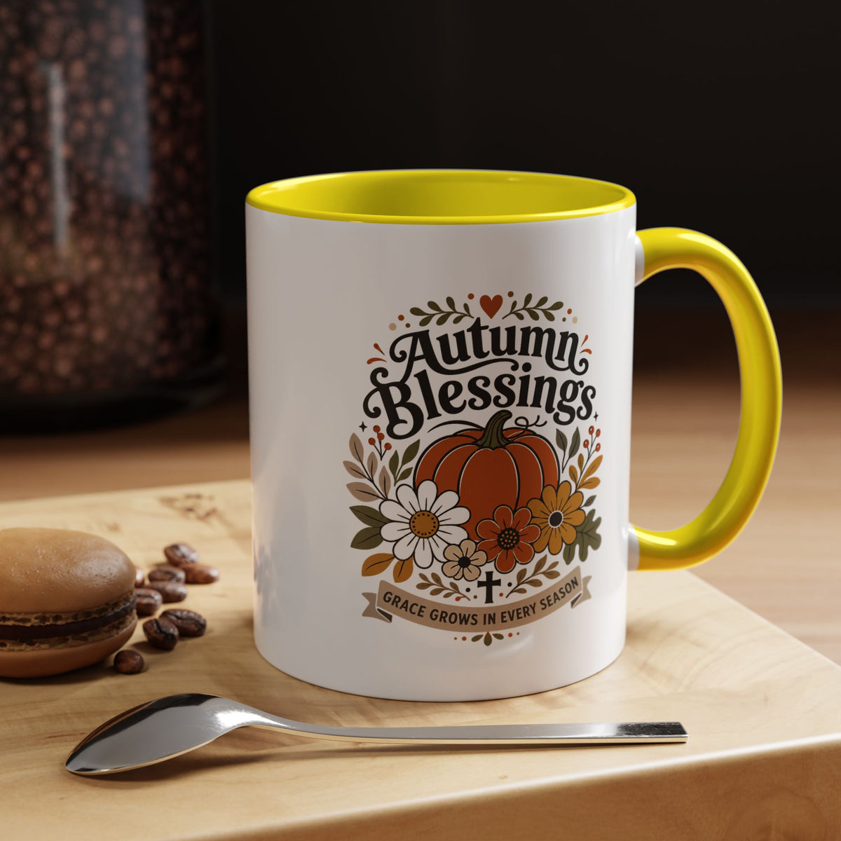 Autumn Blessings Christian Mug, Grace Grows in Every Season Coffee Cup, Faith Based Fall Gift, Floral Pumpkin Thanksgiving Decor