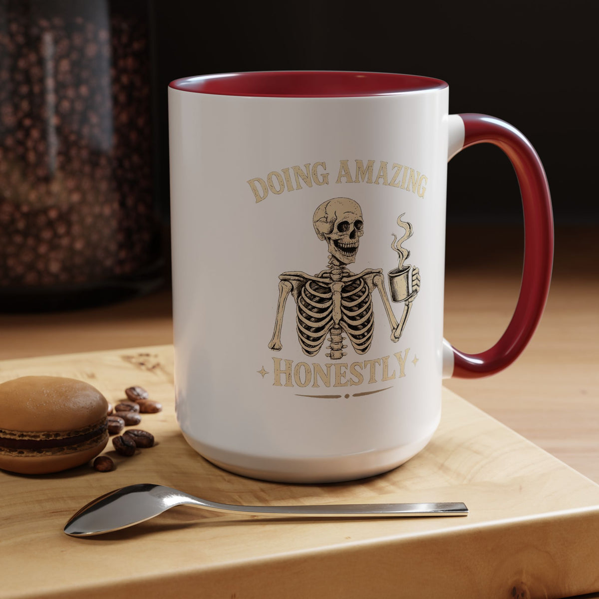 Doing Amazing Honestly Skeleton Coffee Mug, Funny Burnout Gift for Coworker, Sarcastic Office Coffee Cup, Tired but Thriving Mug