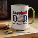 Custom Baseball Dad Coffee Mug with Kids Names, Personalized Sports Father's Day Gift, Cute Team Coach Appreciation Ceramic Tea Cup