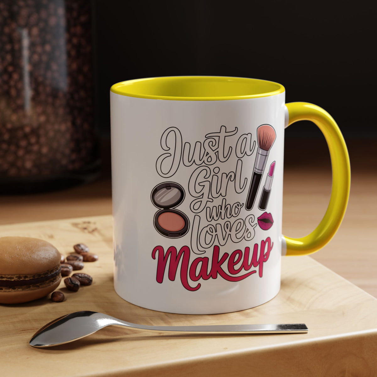 Makeup Lover Coffee Mug, Just a Girl Who Loves Makeup Quote, Lipstick and Brush Design, Birthday Gift for Beauty Enthusiast or Makeup Artist