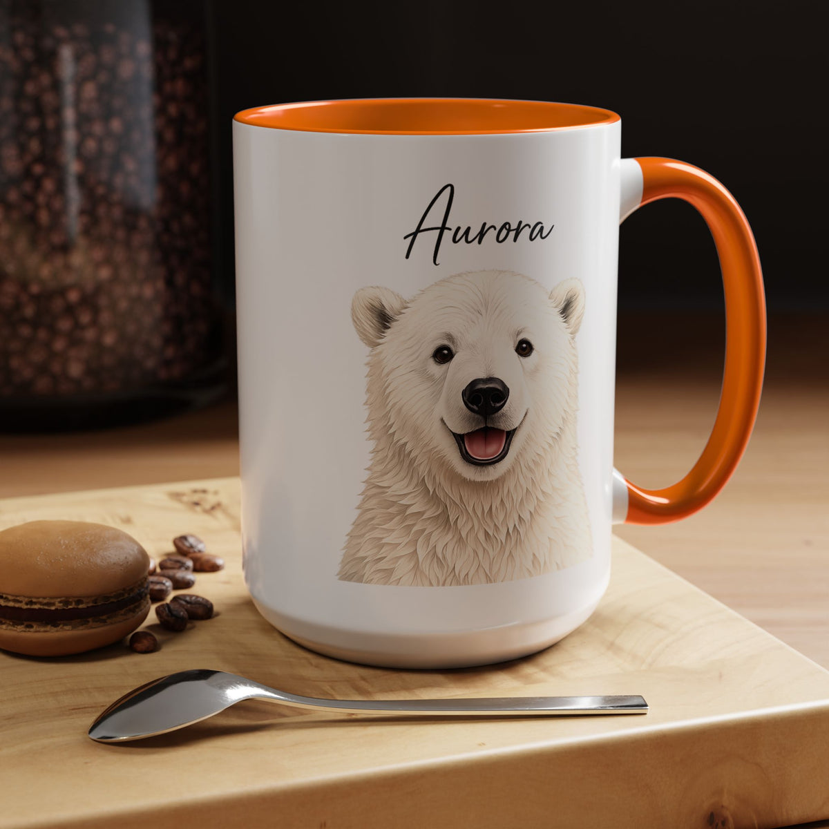 Custom Polar Bear Coffee Mug with Name, Personalized Arctic Animal Gift for Kids, Cute Winter Holiday Ceramic Tea Cup with Orange Handle