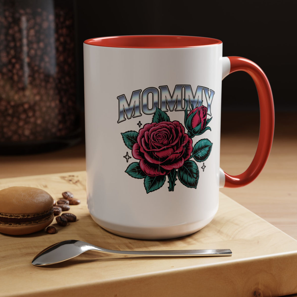 Mommy Coffee Mug, Pink Rose and Teal Leaf Design with Silver Look Lettering, Mother's Day Gift for Mom or a Floral Birthday Present for Her