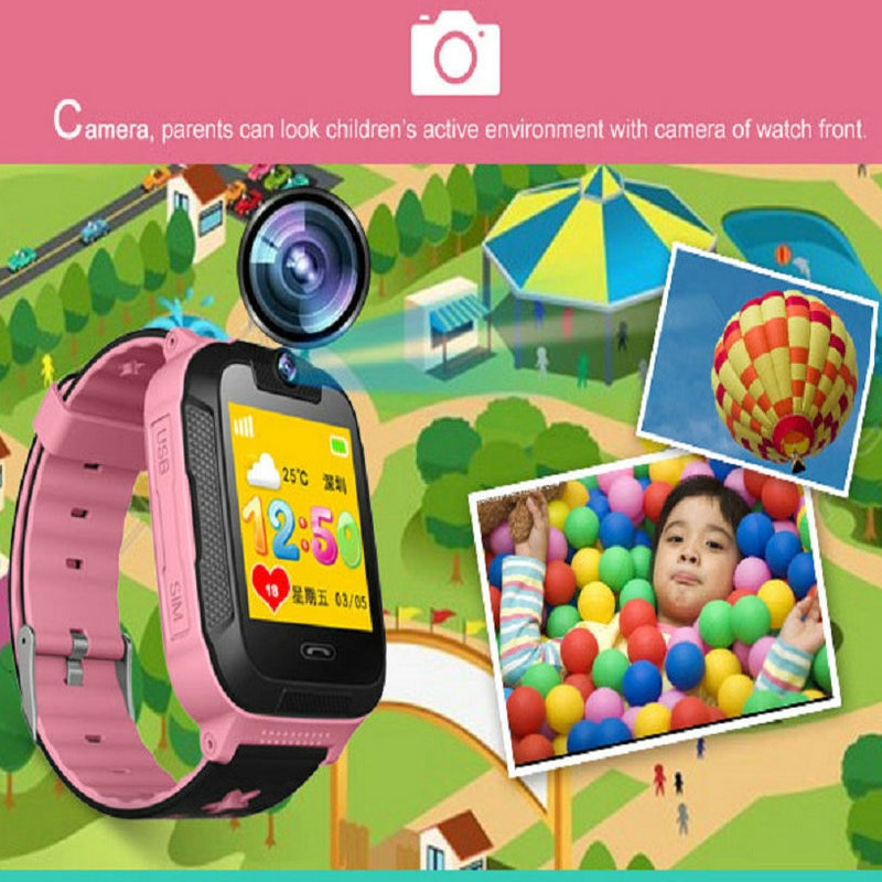 Pink and blue kids GPS smart watch with camera and cartoon dog display screen