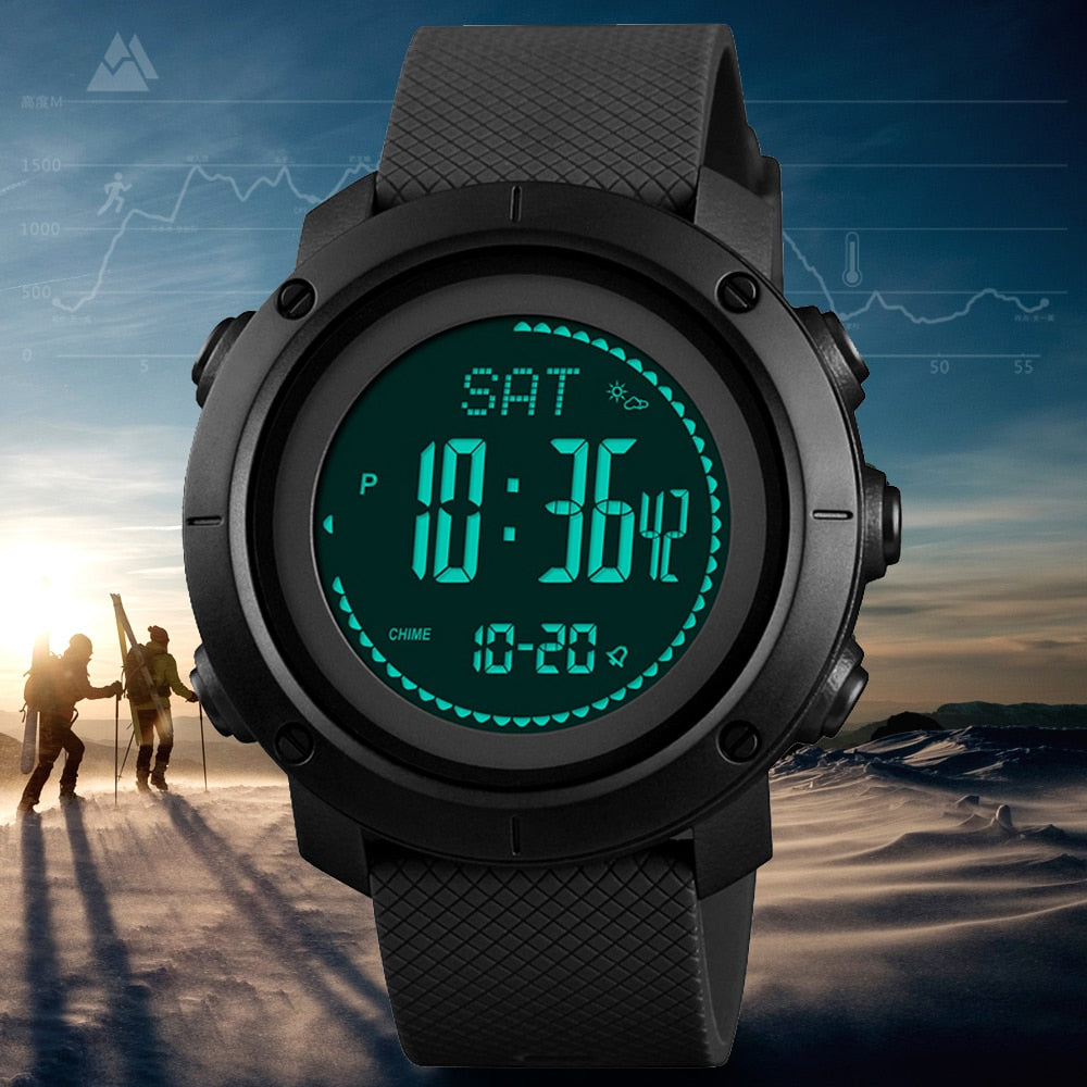 Black digital sport watch worn on wrist, showing time and date display