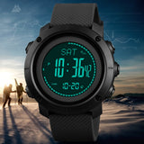 Black digital sport watch worn on wrist, showing time and date display
