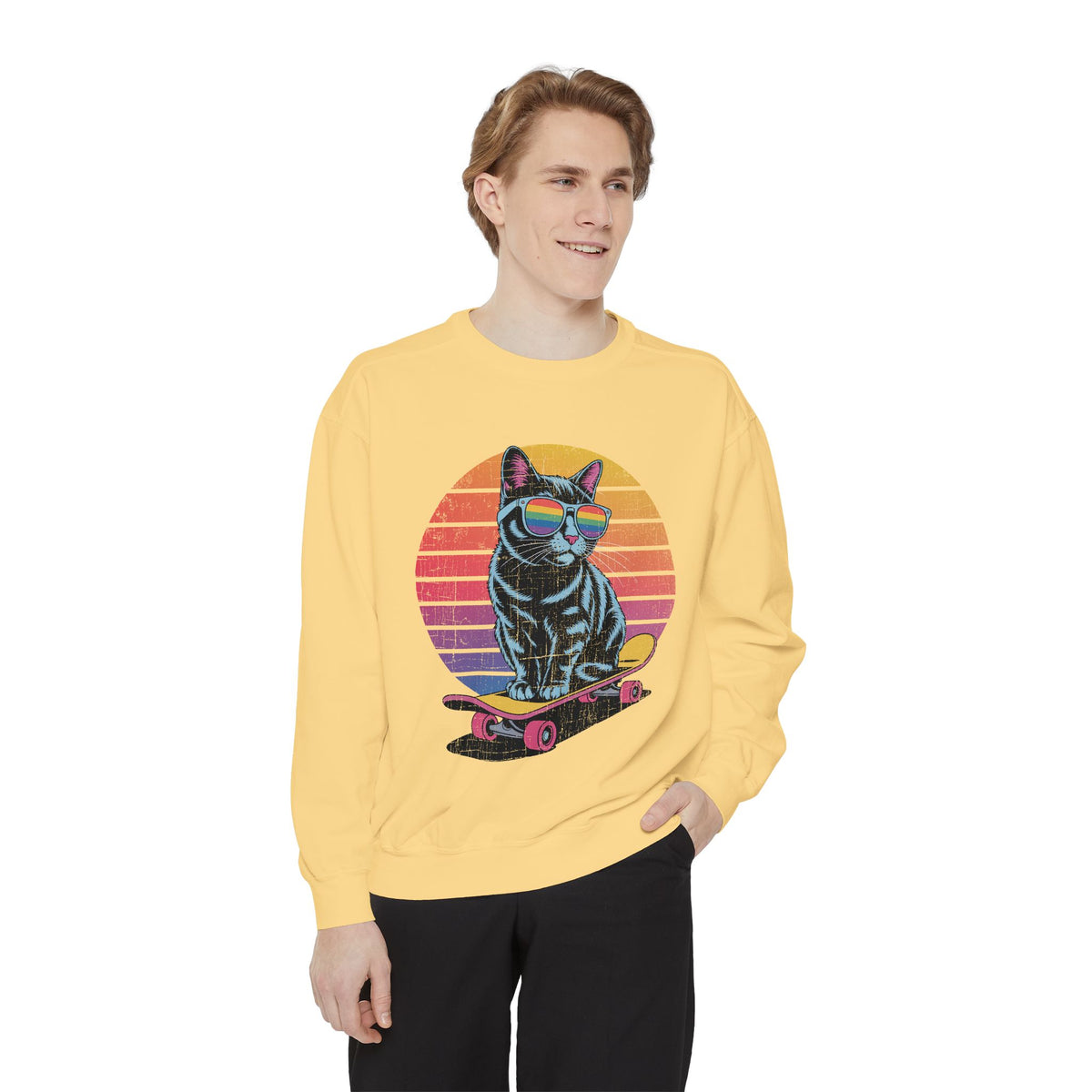 Retro Skateboard Cat Sweatshirt, Rainbow Sunglasses Kitty Crewneck, Funny Cat Lover Gift, Vintage Skater Graphic Cozy Pullover Top