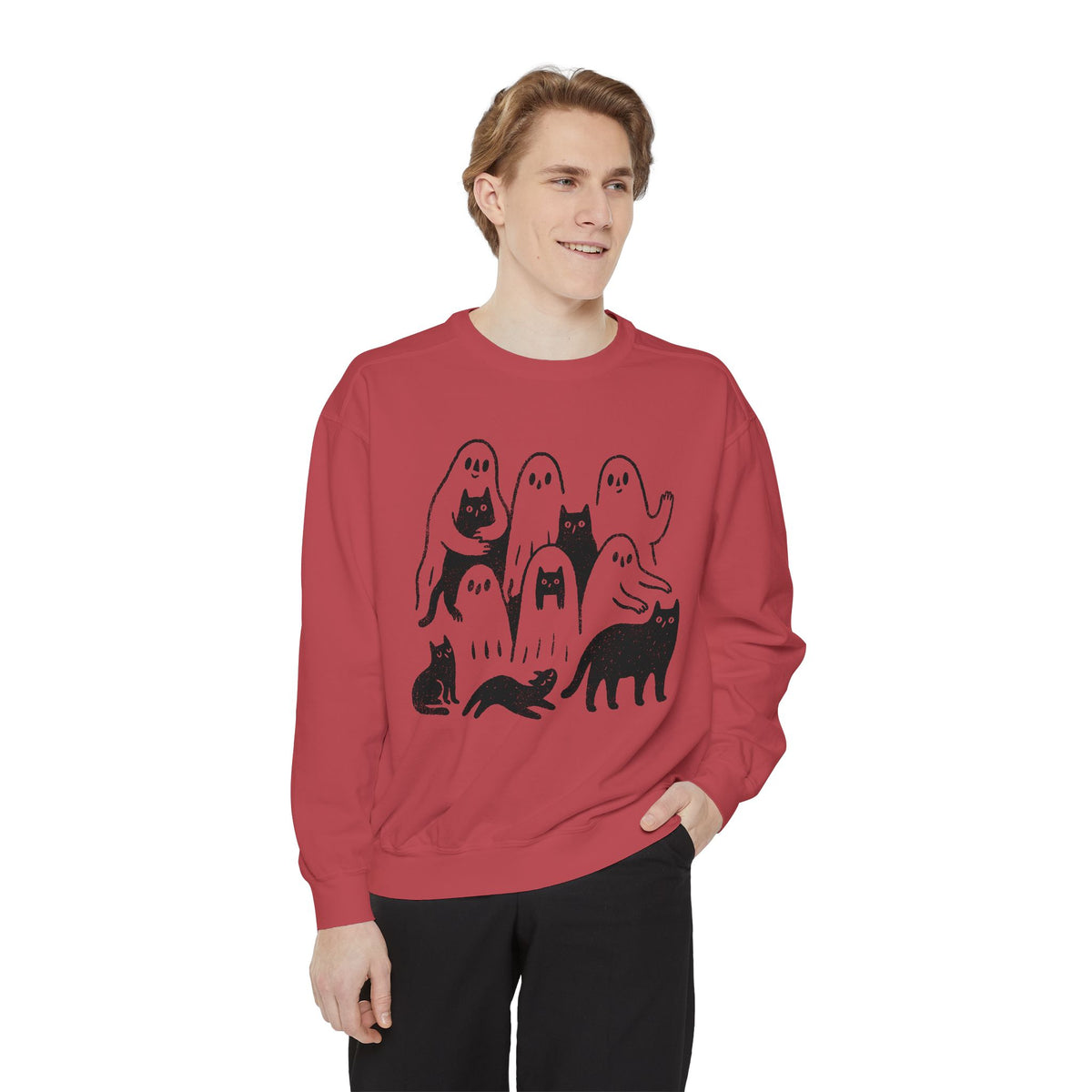 Ghost Cat Halloween Sweatshirt, Cute Spooky Cats and Ghosts Pullover, Cozy Pet Lover Gift, Minimal Black and White Fall Outfit for Women