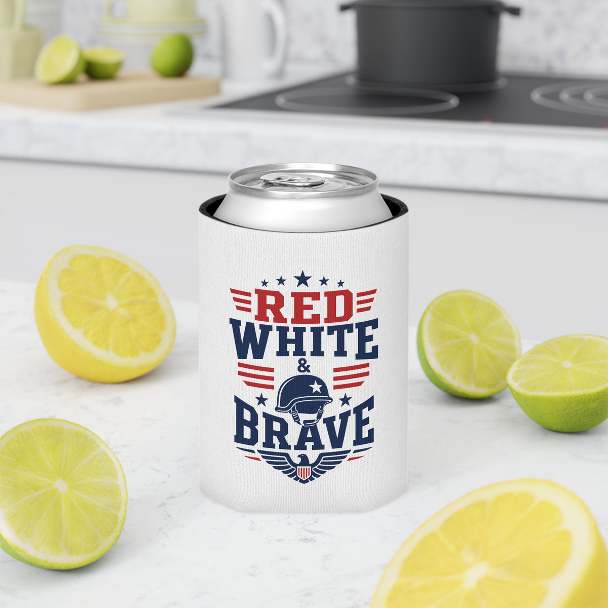 Patriotic Red White Blue Can Cooler, Military Inspired Drink Holder, American Flag Beverage Sleeve, Veteran Gift, USA Party Favor