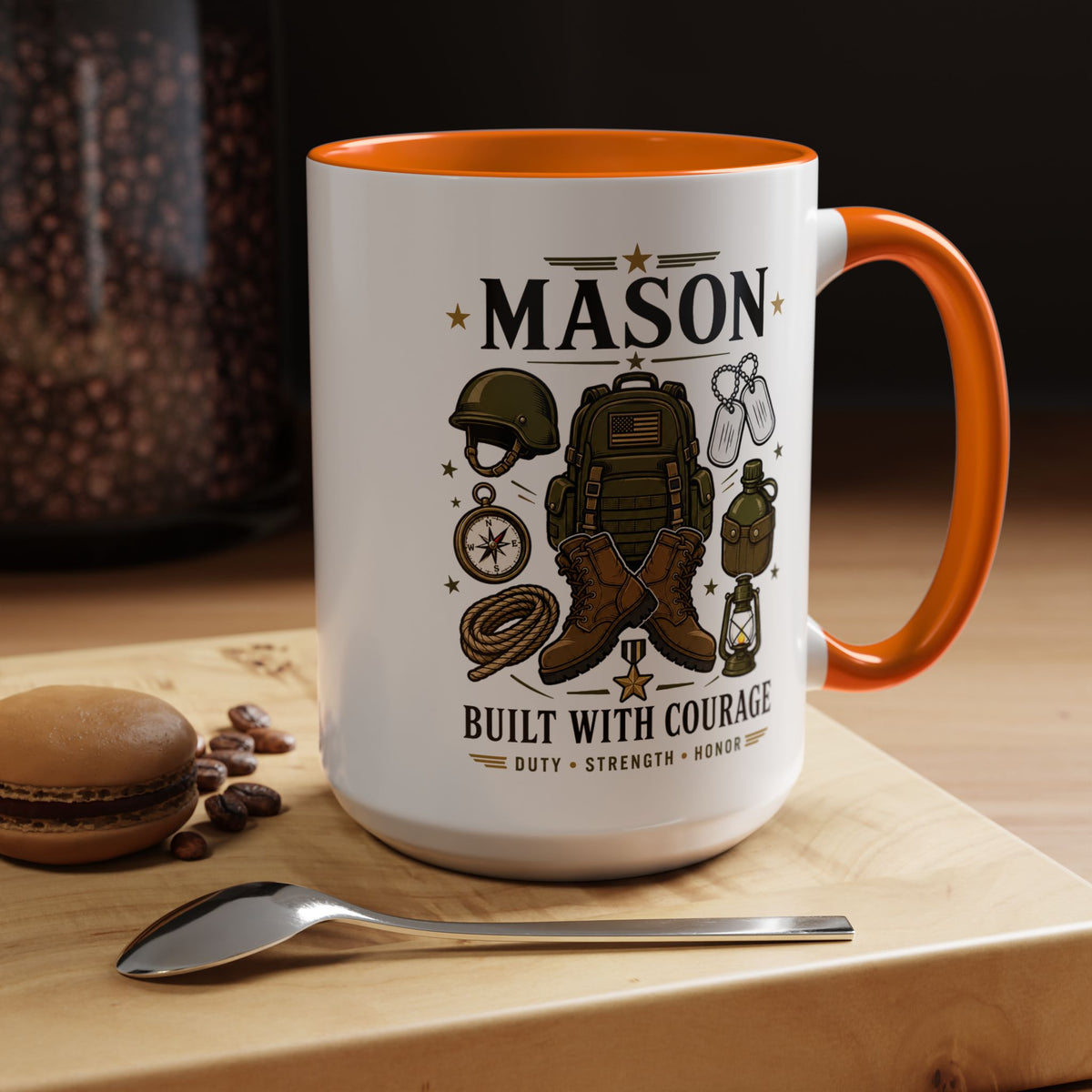 Personalized Army Soldier Mug, Built with Courage Coffee Cup, Custom Name Military Gift for Him, Veteran, Recruit or Service Member