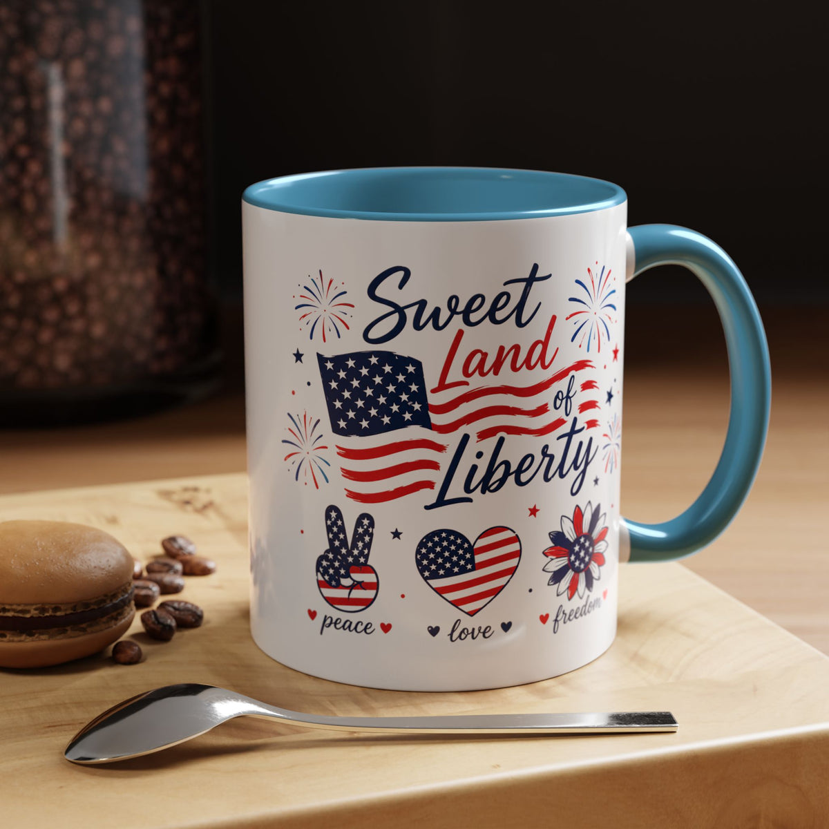 Sweet Land of Liberty Coffee Mug, Patriotic Fourth of July Mug, American Flag Heart Freedom Cup, USA Pride Gift for Women