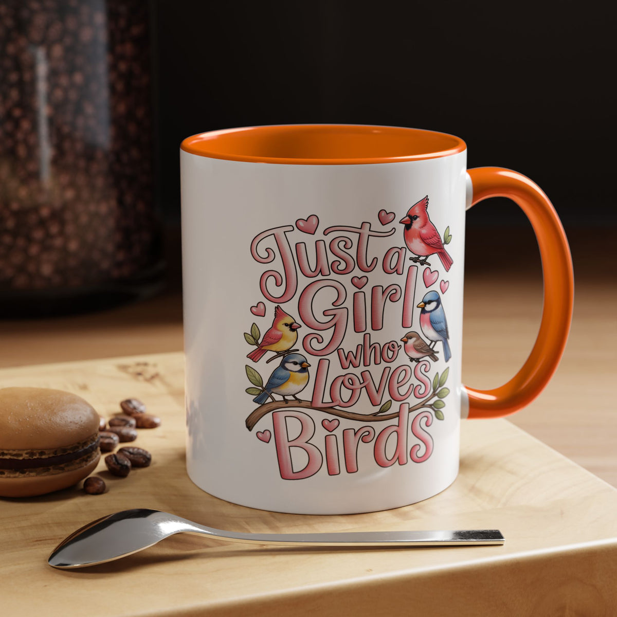 Bird Lover Coffee Mug, Just a Girl Who Loves Birds Quote, Pink Lettering and Garden Songbird Design, Birthday Gift for a Birdwatching Friend