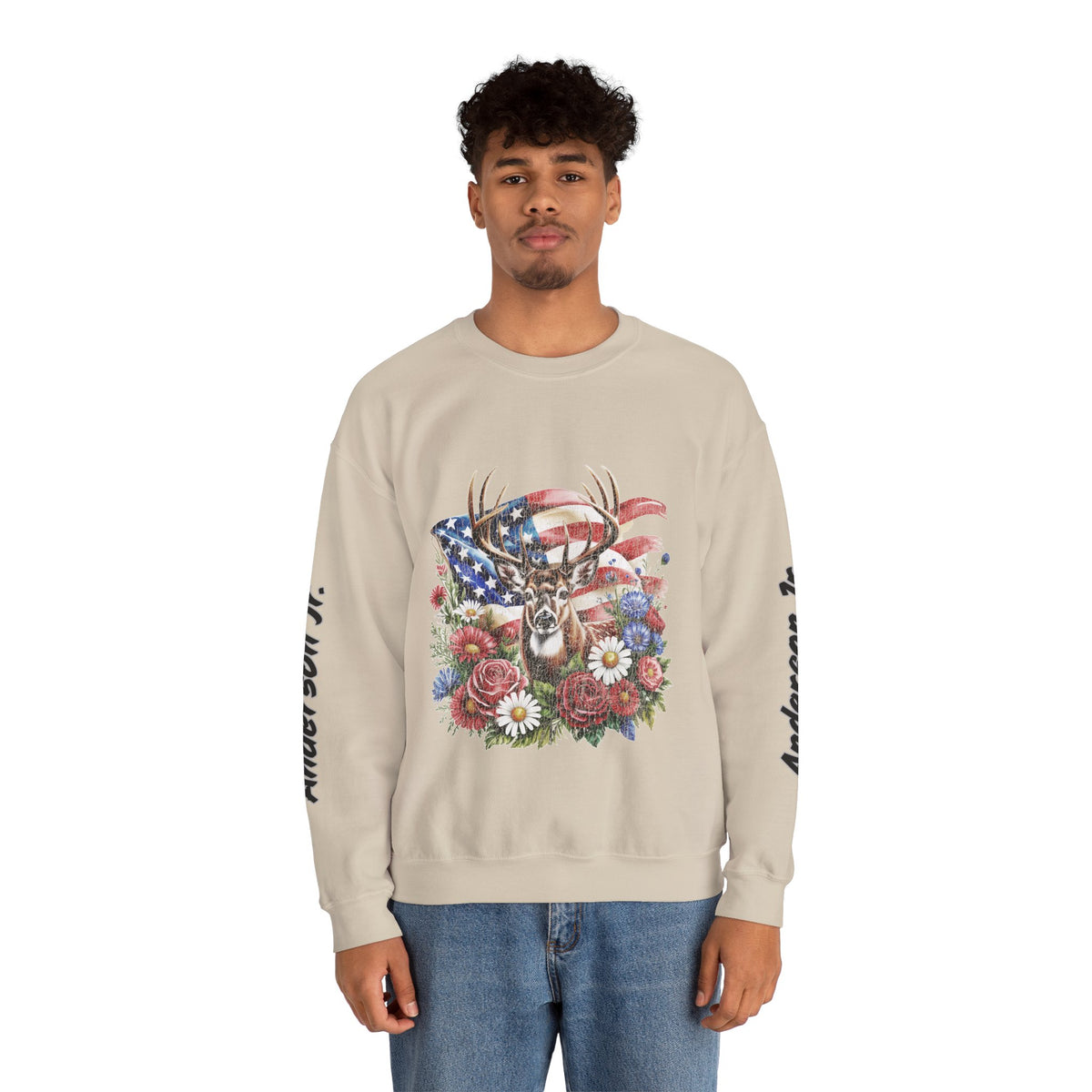 Personalized Hunting Family Sweatshirt, Custom Deer Patriotic Pullover, American Flag Floral Crewneck, Family Gift, Outdoorsman Shirt