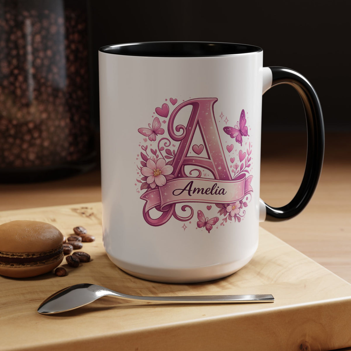 Personalized Butterfly Initial Mug, Custom Name Coffee Mug for Girls and Women, Floral Monogram Cup, Pink Aesthetic Gift, Custom Letter Mug