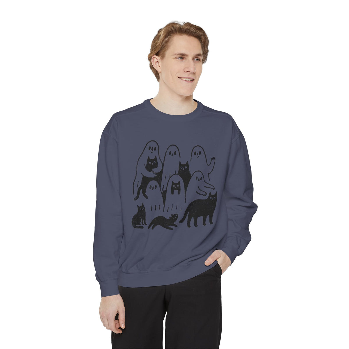Ghost Cat Halloween Sweatshirt, Cute Spooky Cats and Ghosts Pullover, Cozy Pet Lover Gift, Minimal Black and White Fall Outfit for Women